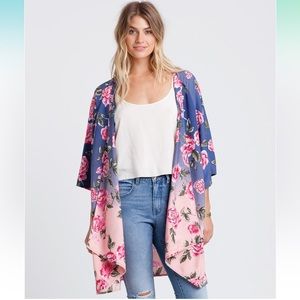 Billabong Blue Pink Rose Secret Dreamer Floral Kimono Cardigan Cover Up Wrap